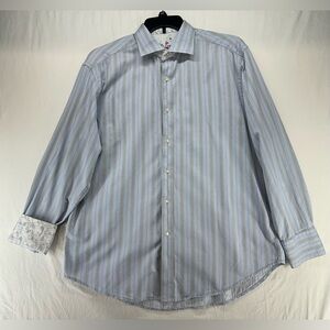 Robert Graham Blue Stripe Cotton Floral Flip Cuffs Long Sleeves Men Shirt Size X